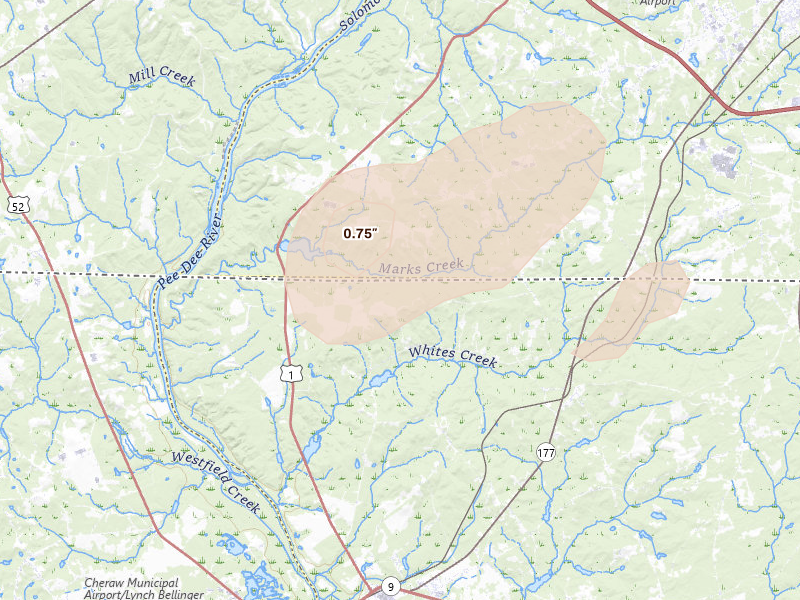 Radar-estimated hail-size map of the storm over Wallace, SC on Jun 18, 2026