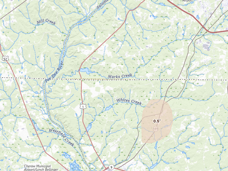 Radar-estimated hail-size map of the storm over Wallace, SC on Jul 10, 2026