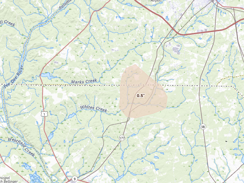 Radar-estimated hail-size map of the storm over Wallace, SC on Aug 20, 2026