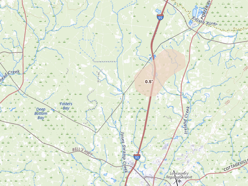 Radar-estimated hail-size map of the storm over Walterboro, SC