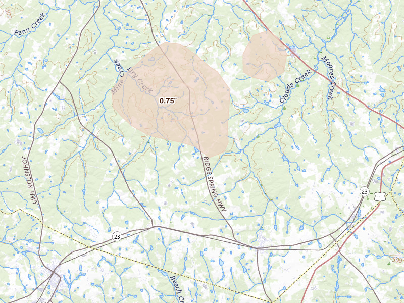 Radar-estimated hail-size map of the storm over Ward, SC on Jul 12, 2026