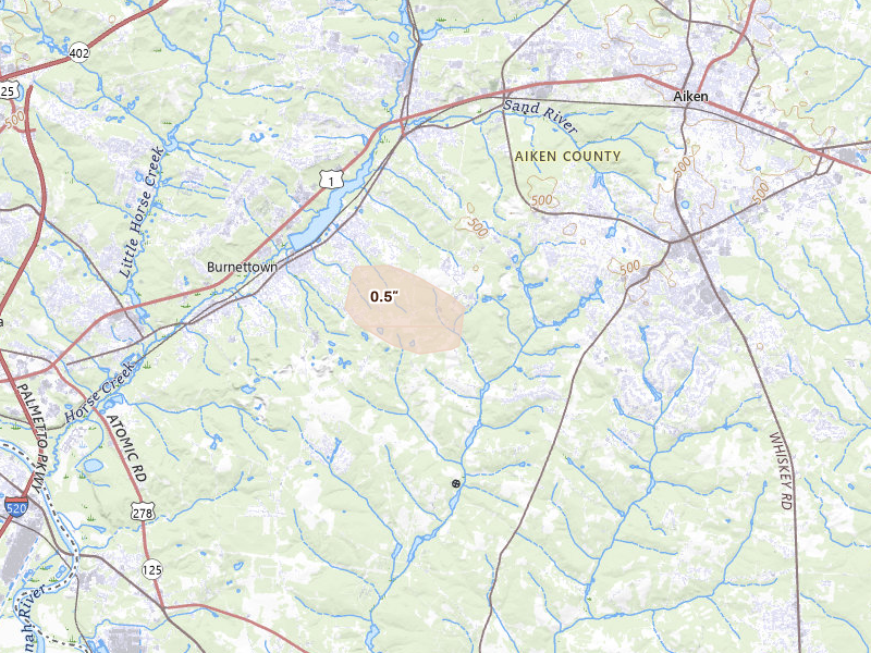 Radar-estimated hail-size map of the storm over Warrenville, SC on Sep 5, 2026
