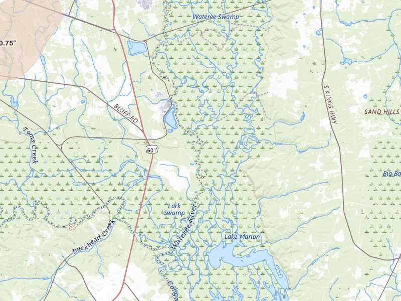 Radar-estimated hail-size map of the storm over Wedgefield, SC on Jul 6, 2026