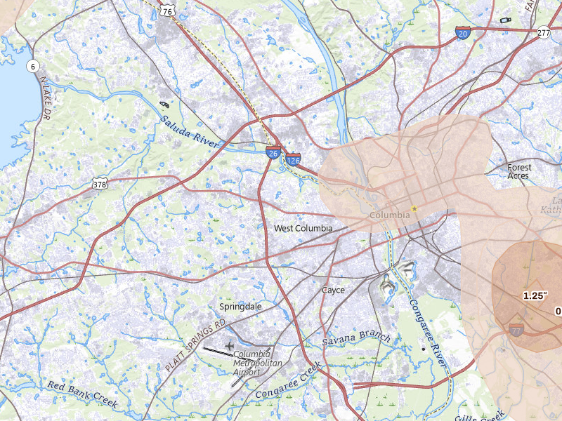 Radar-estimated hail-size map of the storm over West Columbia, SC on Sep 5, 2026