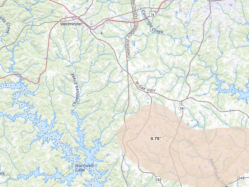 Radar-estimated hail-size map of the storm over Westminster, SC on Jul 2, 2026