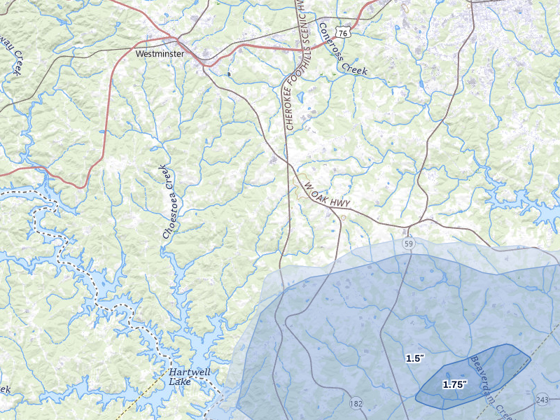NEXRAD radar-signature map of the hail over Westminster, SC