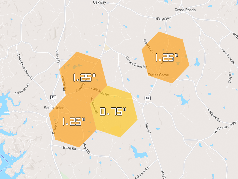Hail map of Westminster, SC on Jul 2, 2026, hail up to 1.25"
