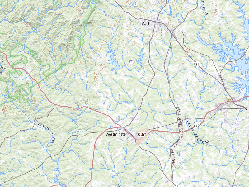 Radar-estimated hail-size map of the storm over Westminster, SC on Aug 5, 2026