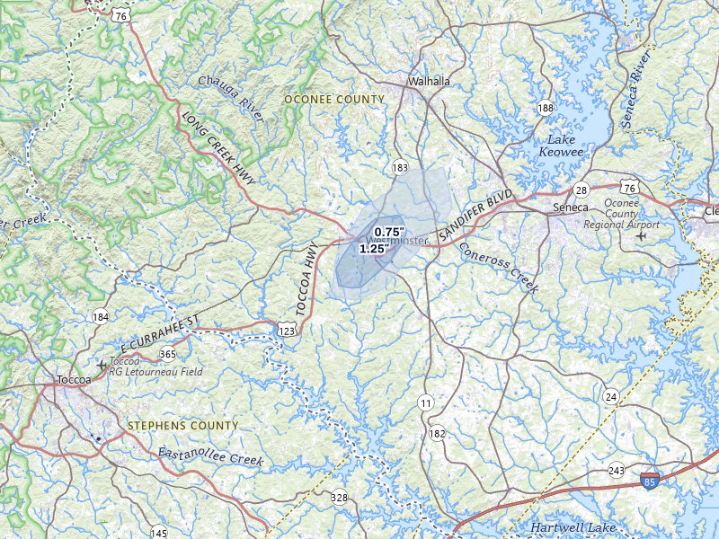 NEXRAD radar-signature map of the hail storm over Westminster, SC on Aug 5, 2026