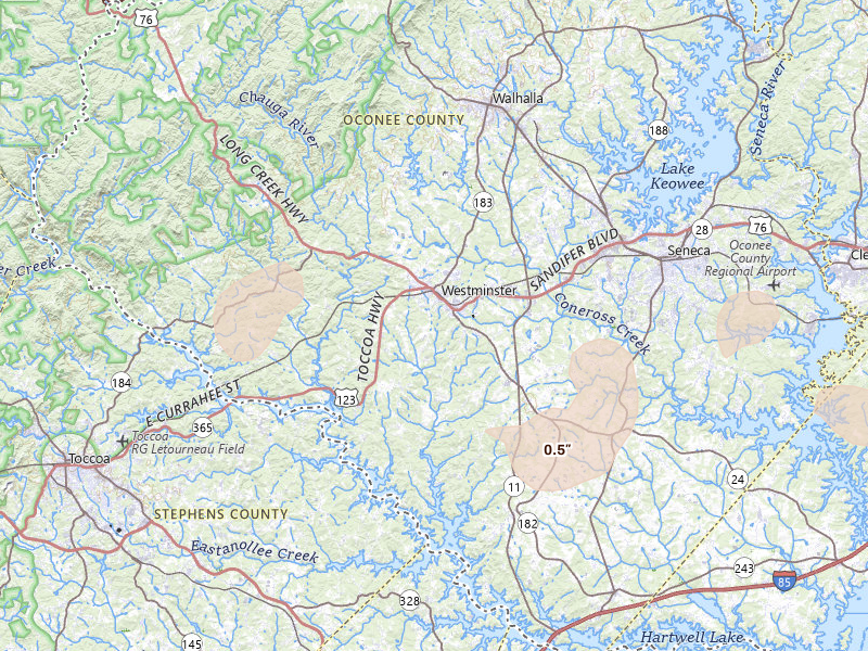 Radar-estimated hail-size map of the storm over Westminster, SC on Aug 11, 2026