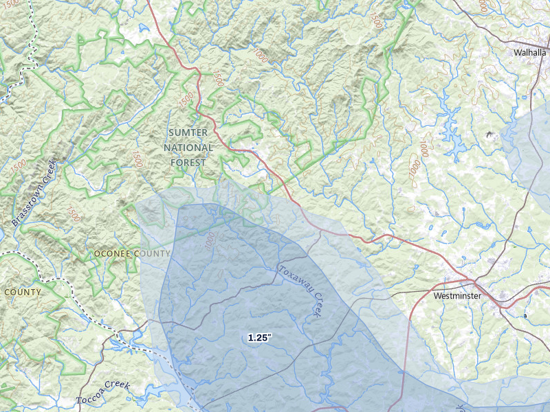 NEXRAD radar-signature map of the hail storm over Westminster, SC on Aug 11, 2026