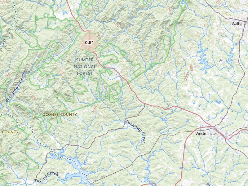 Radar-estimated hail-size map of the storm over Westminster, SC on Aug 15, 2026