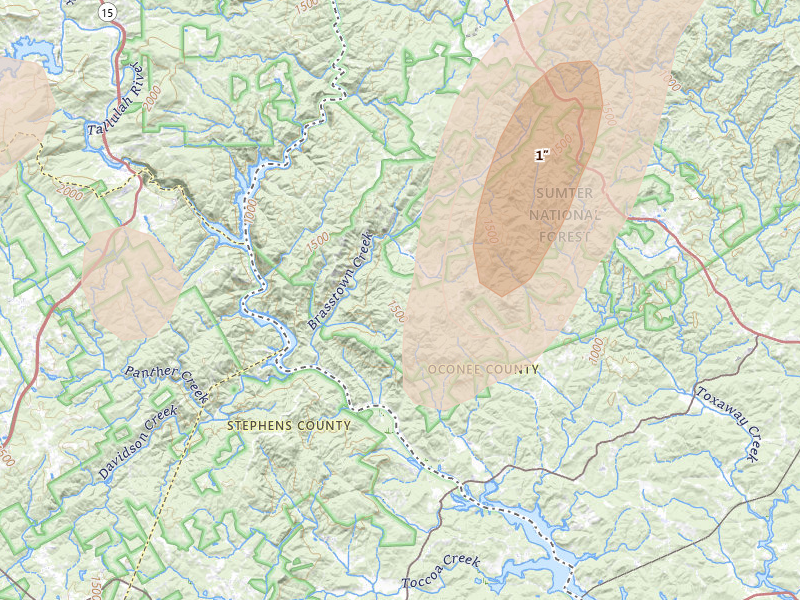 Radar-estimated hail-size map of the storm over Westminster, SC on Aug 20, 2026