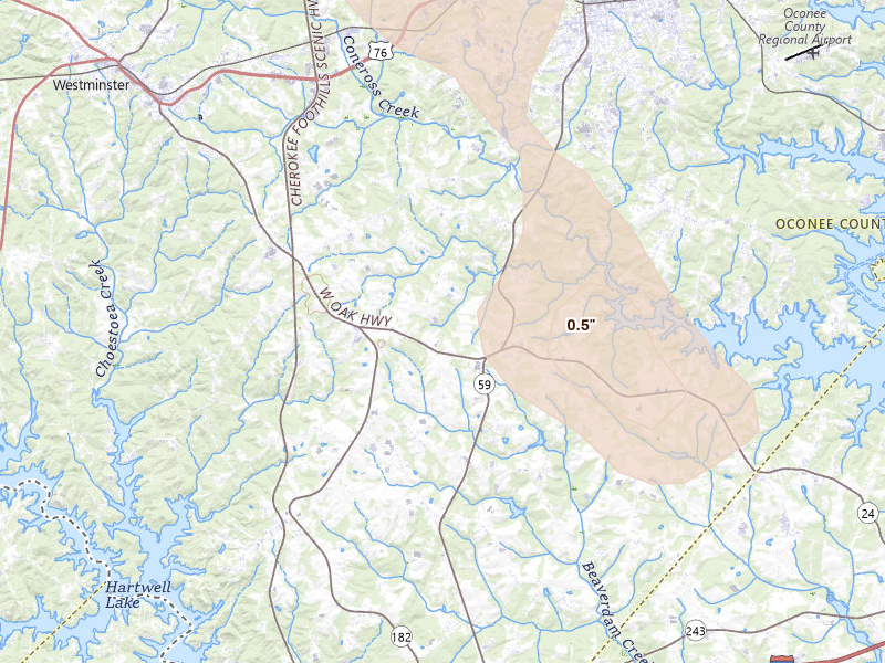 Radar-estimated hail-size map of the storm over Westminster, SC on Aug 22, 2026