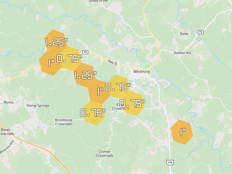 Hail map of Whitmire, SC on Jul 12, 2026, hail up to 1.25"