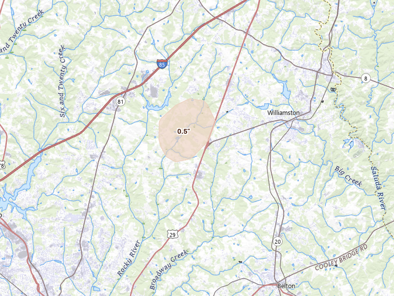 Radar-estimated hail-size map of the storm over Williamston, SC on Jul 2, 2026