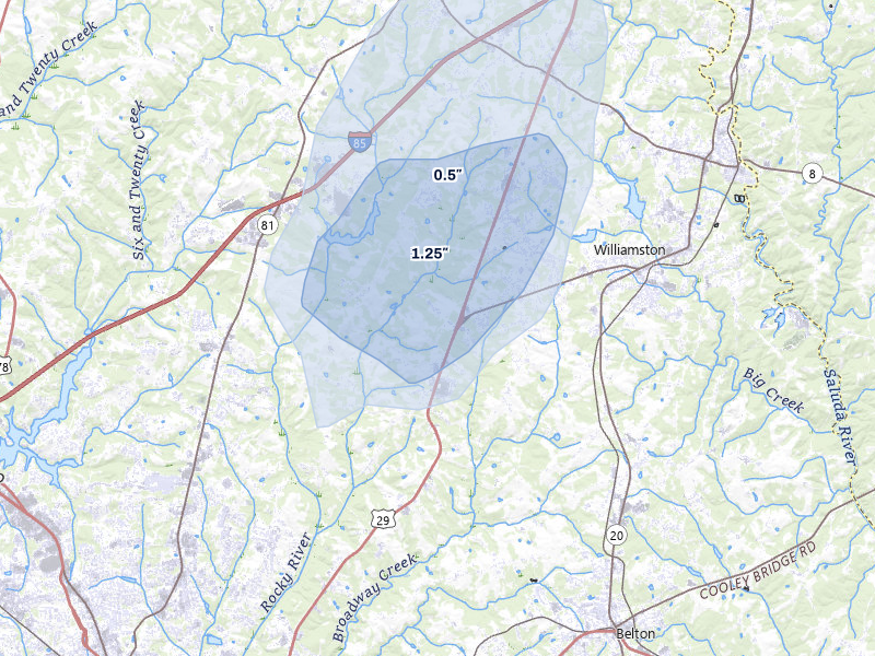 NEXRAD radar-signature map of the hail over Williamston, SC