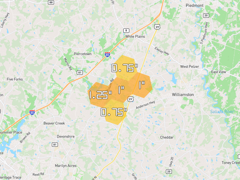 Hail map of Williamston, SC on Jul 2, 2026, hail up to 1.25"