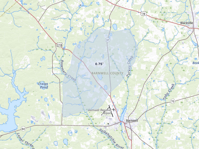 NEXRAD radar-signature map of the hail storm over Williston, SC on Aug 1, 2026