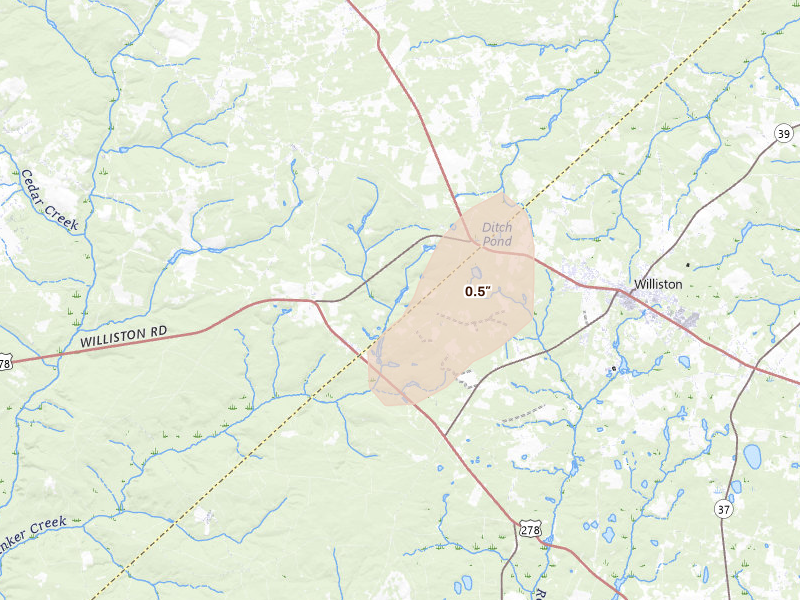 Radar-estimated hail-size map of the storm over Williston, SC on Aug 21, 2026