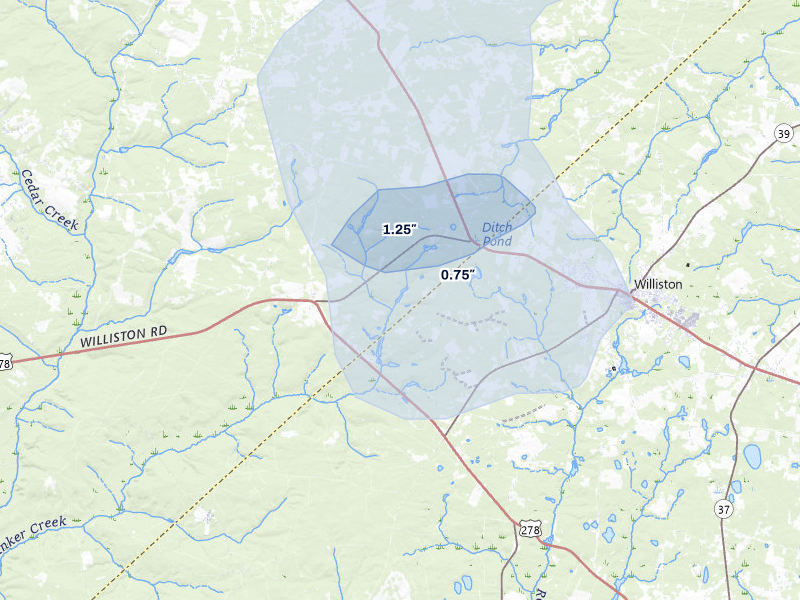 NEXRAD radar-signature map of the hail storm over Williston, SC on Aug 21, 2026