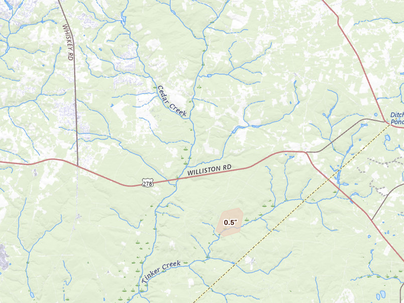 Radar-estimated hail-size map of the storm over Windsor, SC on Jul 9, 2026