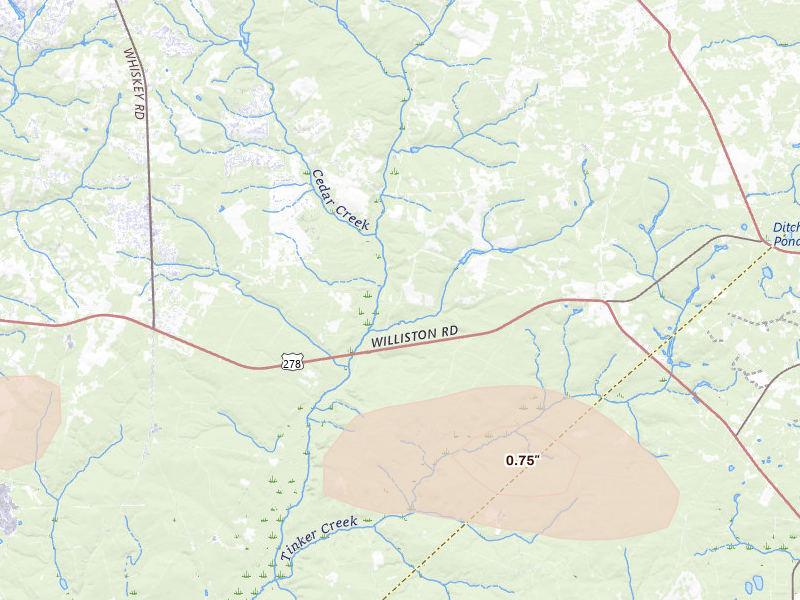 Radar-estimated hail-size map of the storm over Windsor, SC on Jul 11, 2026