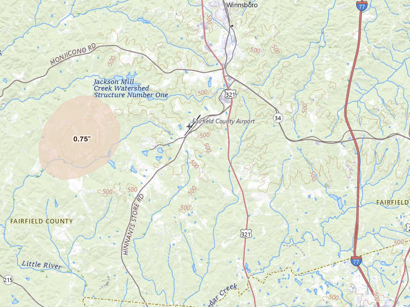 Radar-estimated hail-size map of the storm over Winnsboro, SC on Jul 5, 2026