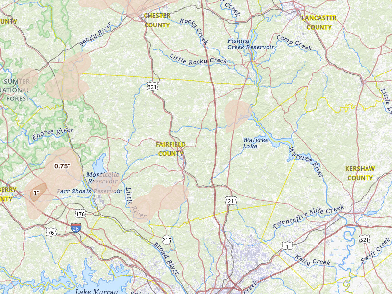 Radar-estimated hail-size map of the storm over Winnsboro, SC on Aug 21, 2026