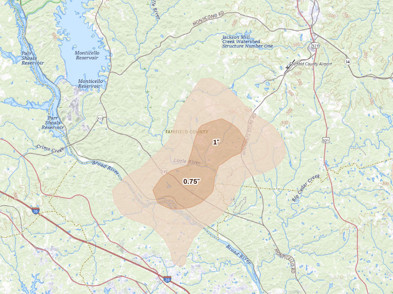 Radar-estimated hail-size map of the storm over Winnsboro, SC