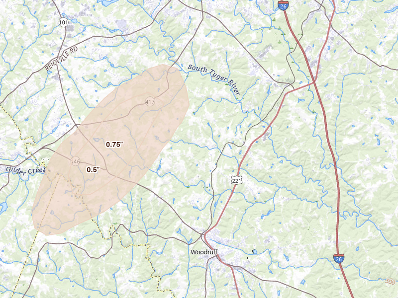 Radar-estimated hail-size map of the storm over Woodruff, SC on Jun 29, 2026