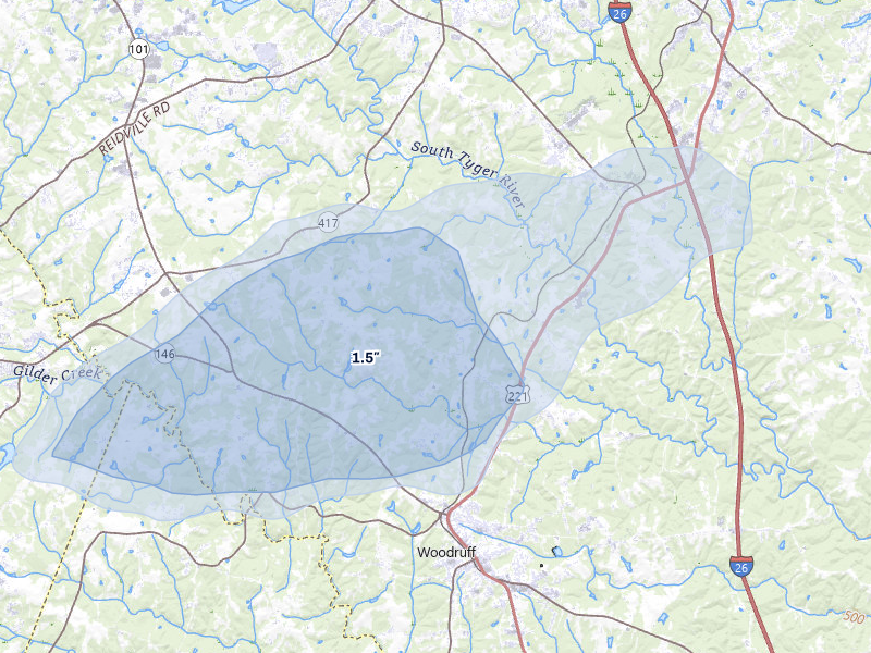 NEXRAD radar-signature map of the hail over Woodruff, SC