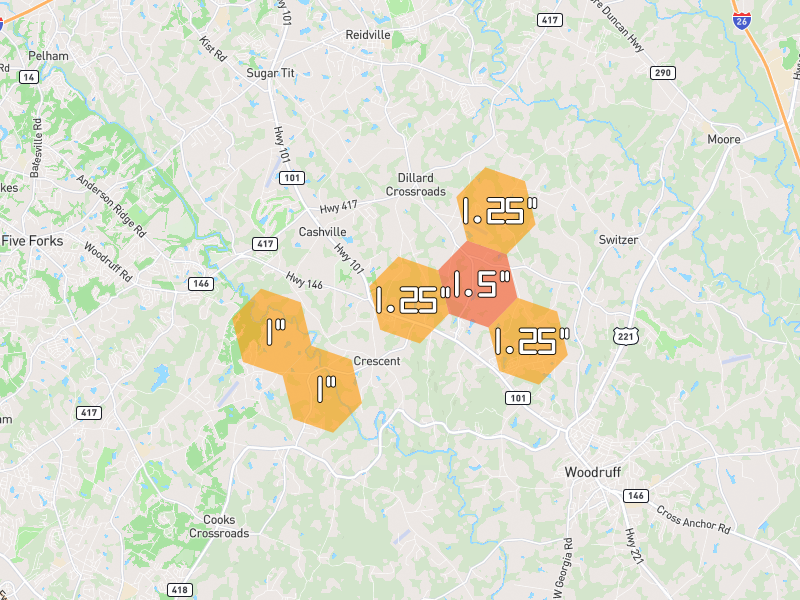 Hail map of Woodruff, SC on Jun 29, 2026, hail up to 1.5"