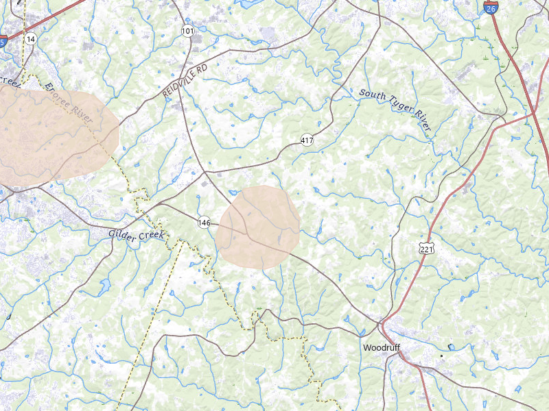 Radar-estimated hail-size map of the storm over Woodruff, SC on Aug 10, 2026