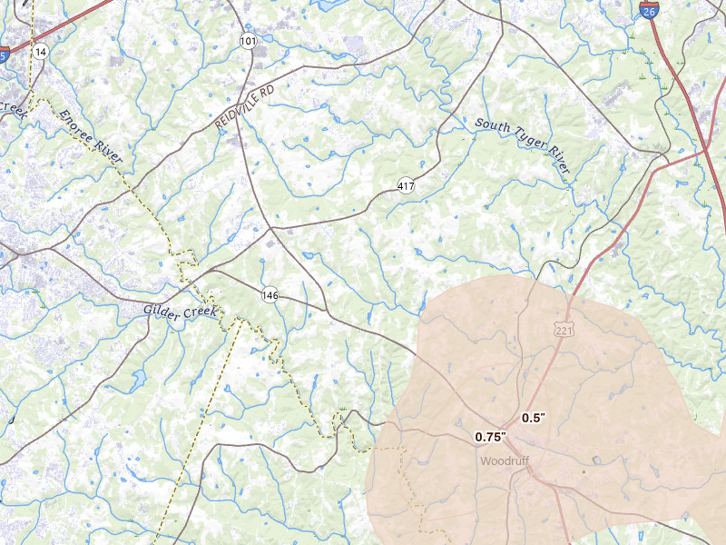 Radar-estimated hail-size map of the storm over Woodruff, SC on Aug 11, 2026