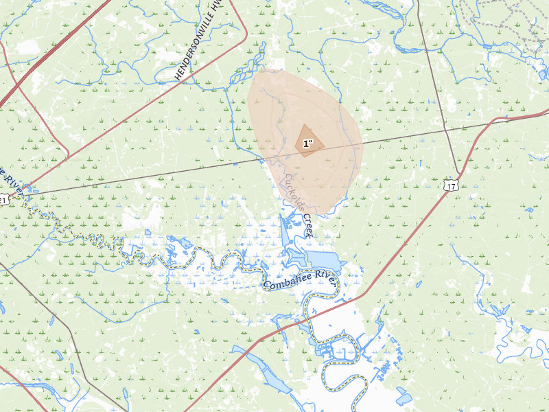 Radar-estimated hail-size map of the storm over Yemassee, SC on Jun 12, 2026