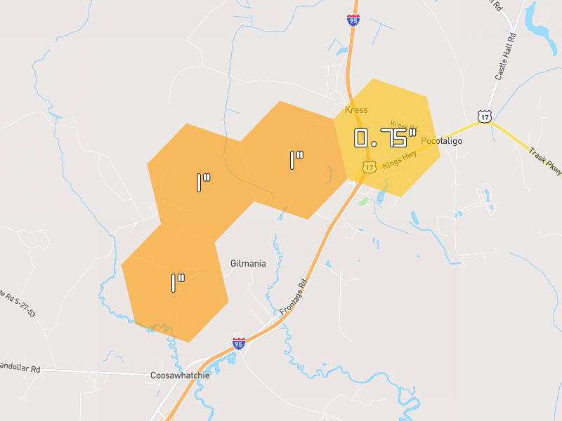 Hail map of Yemassee, SC on Jul 5, 2026, hail up to 1"