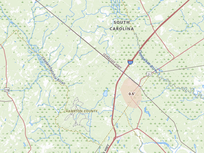 Radar-estimated hail-size map of the storm over Yemassee, SC on Aug 11, 2026