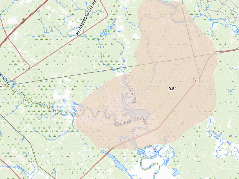 Radar-estimated hail-size map of the storm over Yemassee, SC on Aug 22, 2026