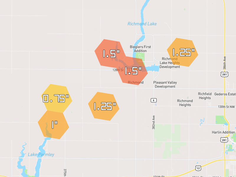 Hail map of Aberdeen, SD on Jun 1, 2026, hail up to 1.5"