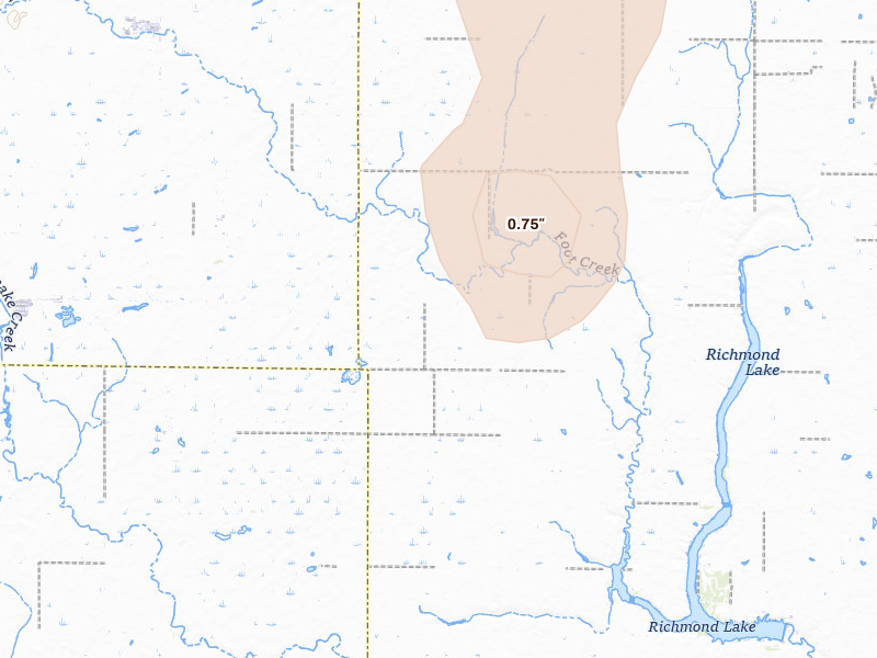 Radar-estimated hail-size map of the storm over Aberdeen, SD on Jun 27, 2026