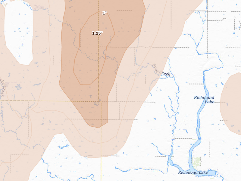 Radar-estimated hail-size map of the storm over Aberdeen, SD on Jul 7, 2026