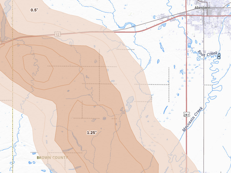 Radar-estimated hail-size map of the storm over Aberdeen, SD on Aug 24, 2026