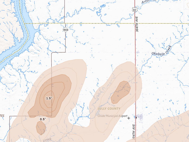 Radar-estimated hail-size map of the storm over Agar, SD