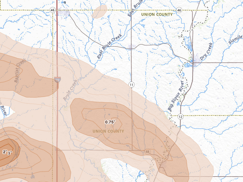 Radar-estimated hail-size map of the storm over Alcester, SD on May 31, 2026