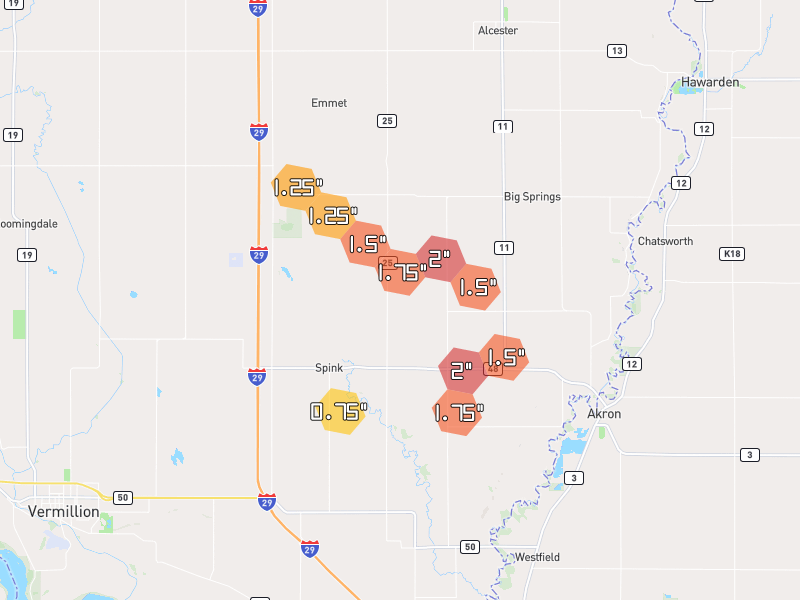 Hail map of Alcester, SD on Jun 1, 2026, hail up to 2"