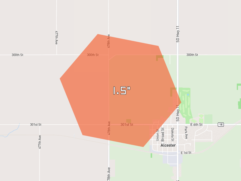 Hail map of Alcester, SD on Jun 30, 2026, hail up to 1.5"