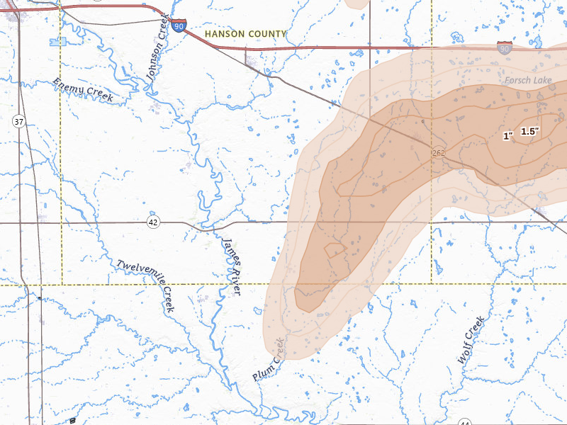 Radar-estimated hail-size map of the storm over Alexandria, SD on May 31, 2026