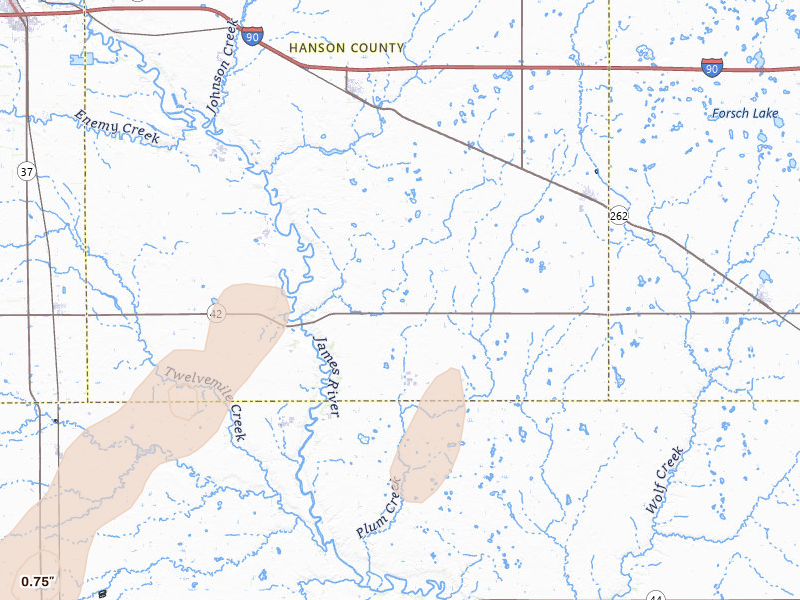 Radar-estimated hail-size map of the storm over Alexandria, SD on Jun 9, 2026