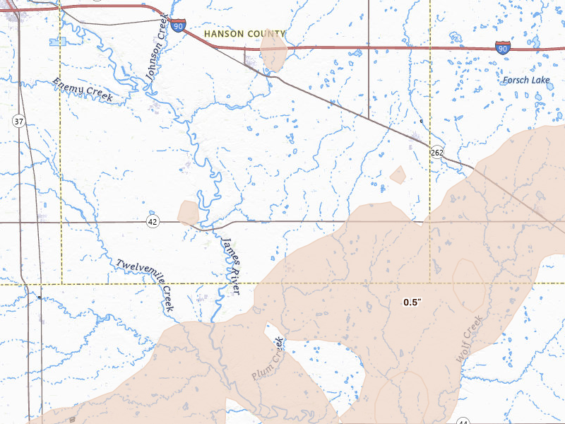 Radar-estimated hail-size map of the storm over Alexandria, SD on Jun 27, 2026